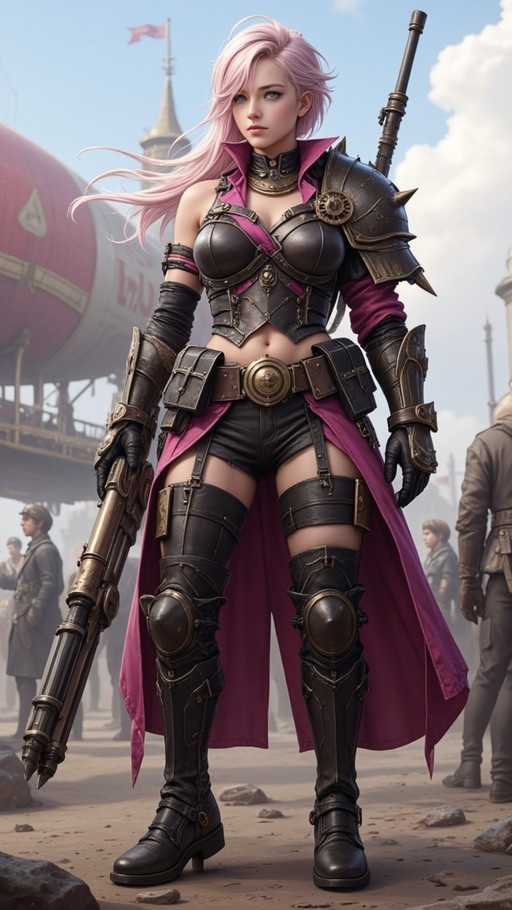 A pink-haired woman in black and purple steampunk armor holds a large gun while standing in front of an airship.