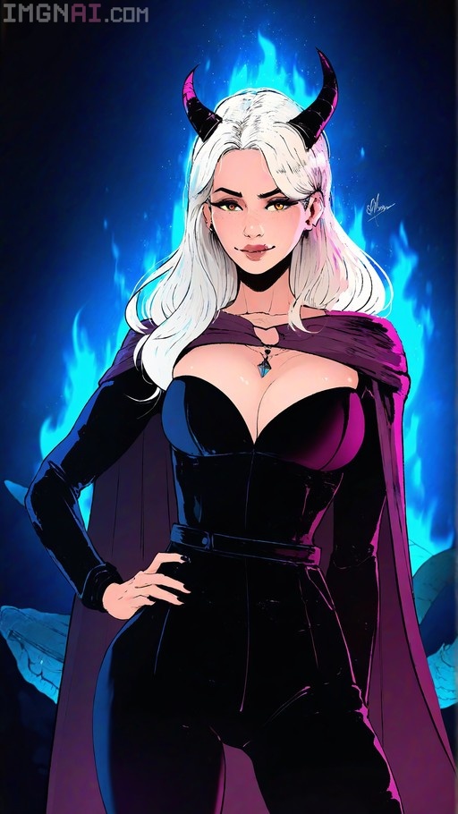 Digital painting of a white-haired succubus queen with black horns and yellow eyes in a black bodysuit and purple cape against blue flames.