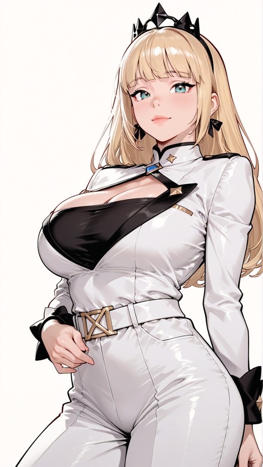 A digital illustration of a blonde anime woman with blue eyes wearing a tight white military-style jumpsuit with a large chest cutout and a black tiara. She is looking directly at the viewer against a white background.