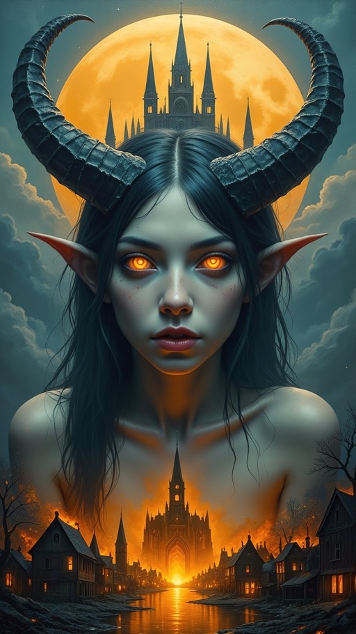 A pale-skinned demoness with large black horns and glowing orange eyes stands before a full moon, her body merging with a fiery village scene below.