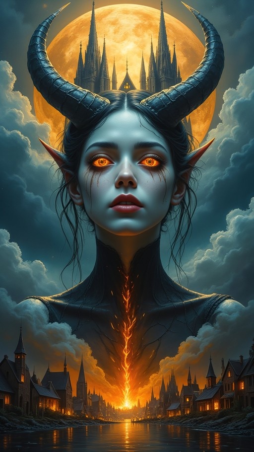 A giant horned woman with orange eyes and pale blue skin looks out over a fantasy town where her body merges with the scenery and a river flows below.
