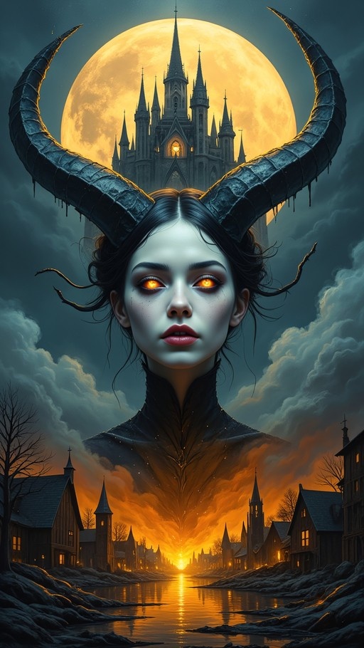 A portrait of a pale woman with large black curved horns and glowing orange eyes, set against a full moon and gothic castle, with a village scene below.