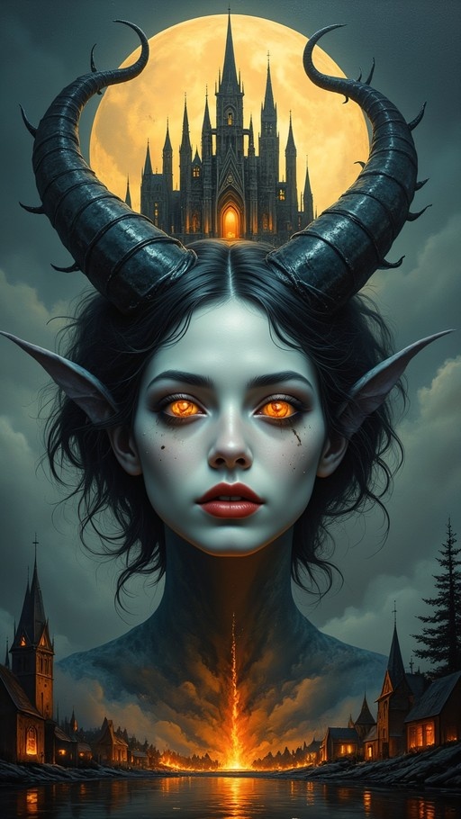 Close-up portrait of a pale-skinned woman with large black horns and glowing orange eyes, set against a full moon containing a gothic castle silhouette, with a burning village landscape reflected in water below.