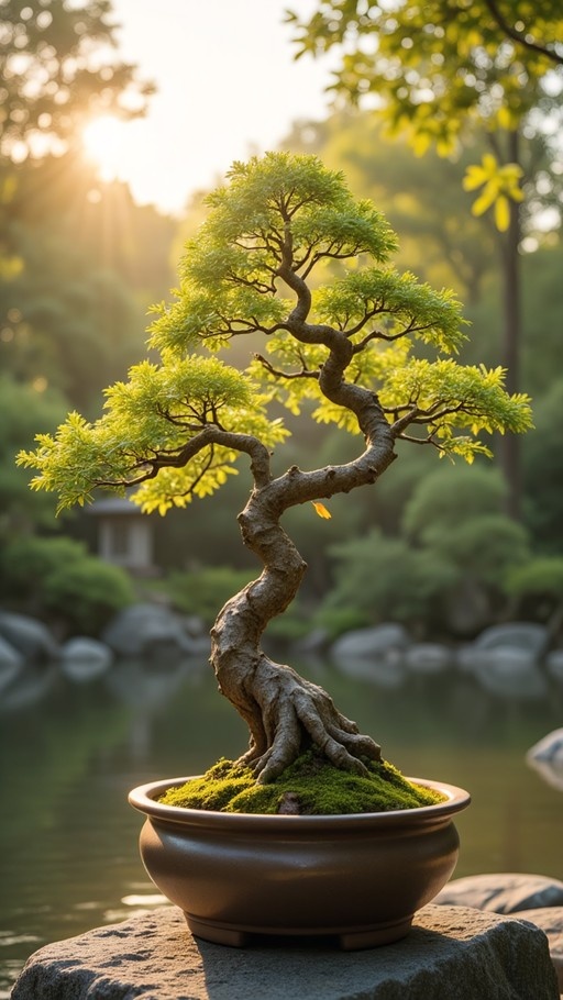A twisted bonsai tree with green leaves in a brown ceramic pot filled with moss, sitting on a rock near water with sunlight in the background.