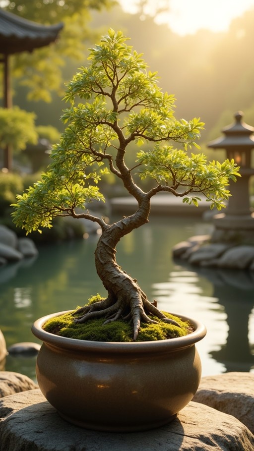 A close-up of a green bonsai tree in a brown ceramic pot with moss, placed on a rock near water with a stone lantern and garden scenery in the background.