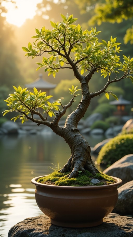 A detailed bonsai tree in a moss-covered pot resting on a rock near water, with blurred traditional architecture and sunlight in the background.
