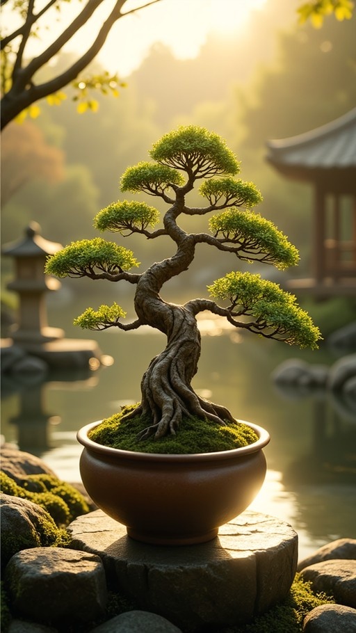 A detailed bonsai tree in a brown ceramic pot sits on a mossy rock, with a blurred stone lantern and garden pond in the warm sunlight.