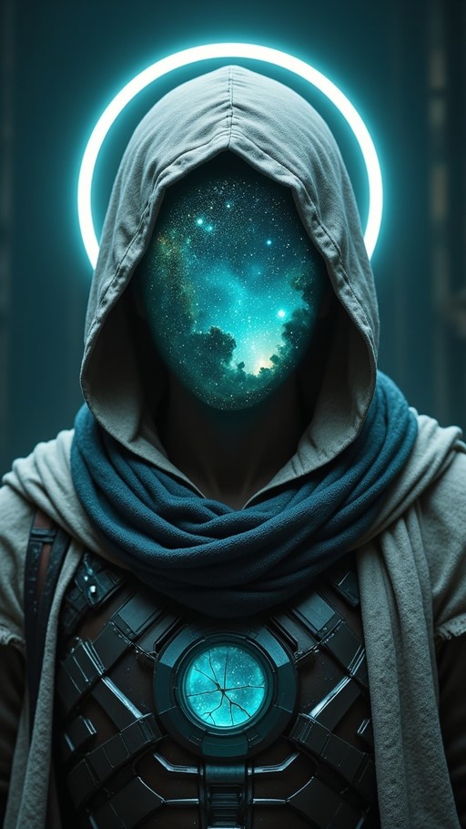 A hooded figure with a galaxy nebula for a face and a glowing white halo, wearing dark armor and a scarf against a teal background.