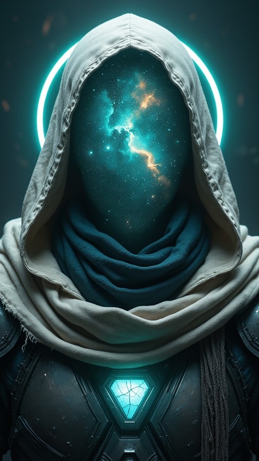 A close-up of a faceless hooded figure with a swirling teal and orange nebula for a face, wearing dark armor with a glowing cyan hexagonal gem on the chest.