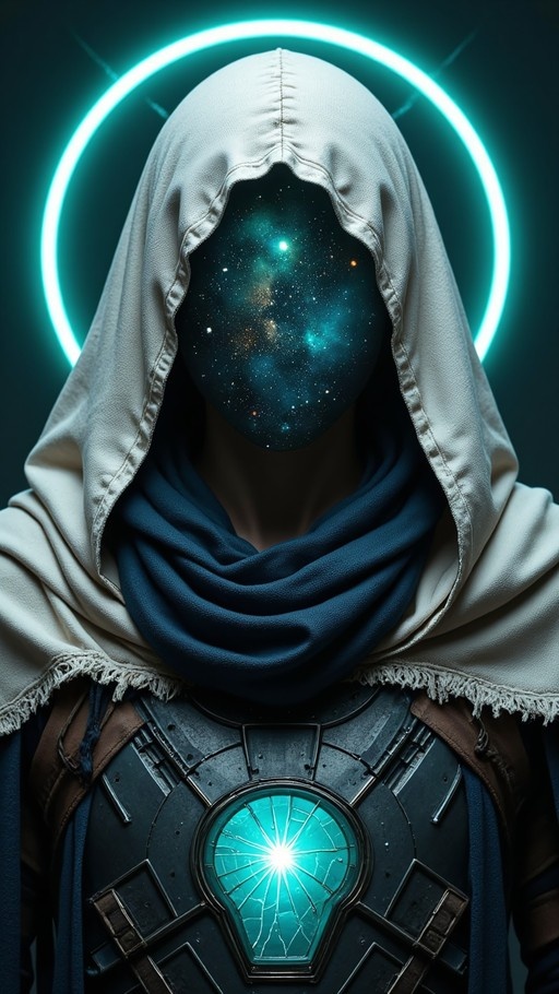 A hooded figure with a galaxy-filled face stands before a glowing cyan ring, wearing dark armor with a bright chest light.