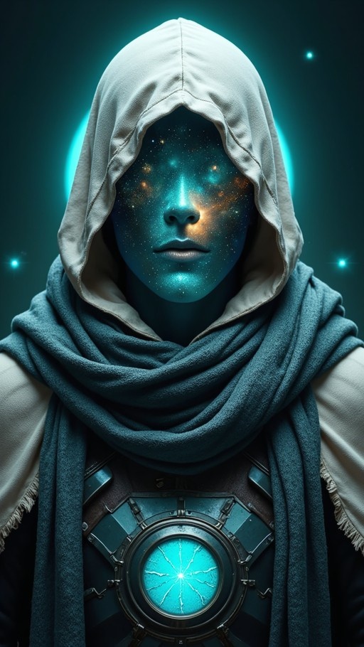 A blue-skinned humanoid with a galaxy-filled face wears a white hood and teal scarf, featuring a glowing mechanical chest piece against a starry background.
