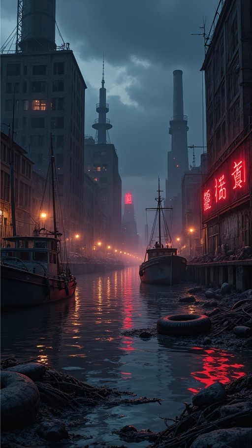 Two weathered boats are moored along a muddy bank in a foggy industrial canal at dusk, with red neon signs and streetlights reflecting on the dark water.