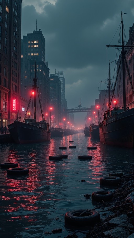 A dark canal in a city at night with boats docked on both sides and red lights reflecting on the water among floating tires.