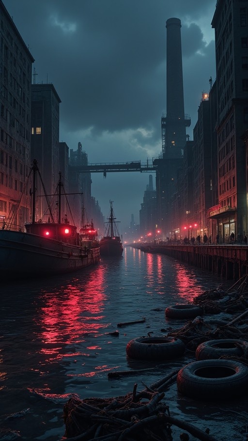 A digital illustration of a dark city canal at dusk with boats docked on the left and tall buildings lining the banks, featuring red light reflections on the water and floating tires in the foreground.