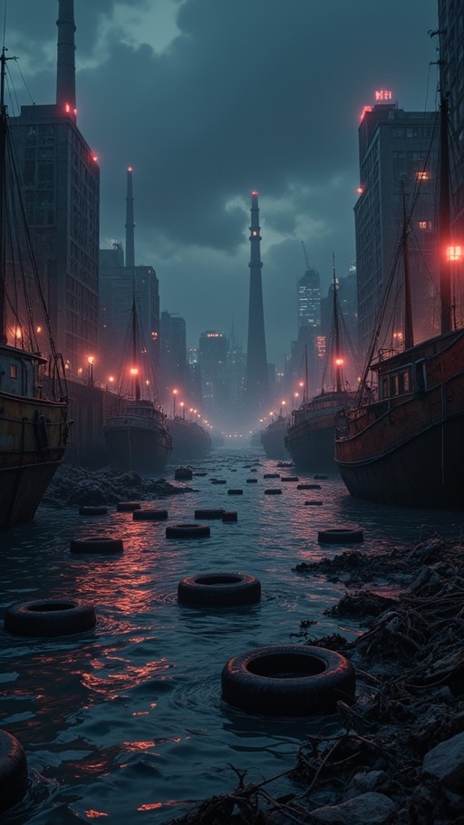 A dark industrial harbor at night with wooden boats docked on either side and black tires floating in the water, illuminated by red lights reflecting off the surface toward a distant city skyline.