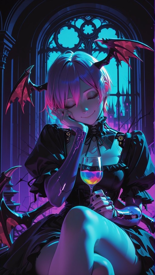 Lilith from Darkstalkers with pink hair and bat wings sits in a gothic room holding a wine glass.