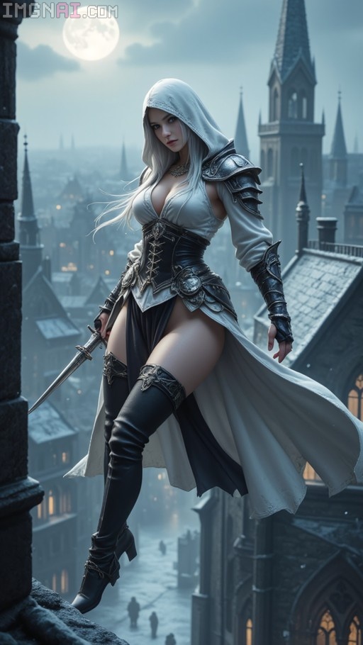 A silver-haired woman in a white hood and black armor holds a sword while standing on a stone ledge overlooking a gothic city at night under a full moon.