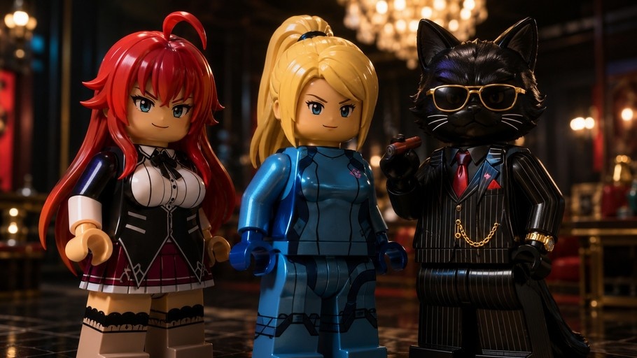 LEGO-style figures of Rias Gremory and Samus Aran standing next to a black cat in a suit holding a cigar.
