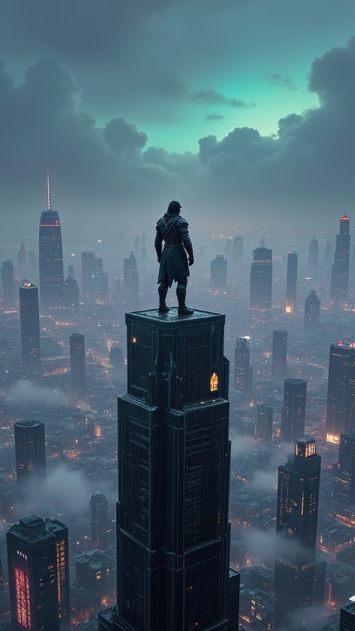 A lone man in dark clothing stands on top of a tall building looking out at a futuristic city with many lights and clouds in the sky.