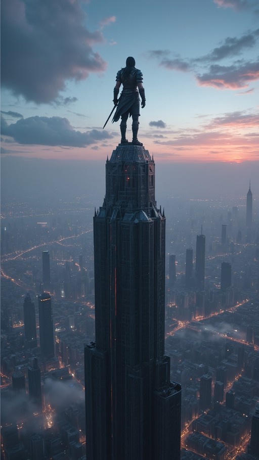 An armored warrior stands on top of a tall building holding a sword while looking out over a city at dusk.