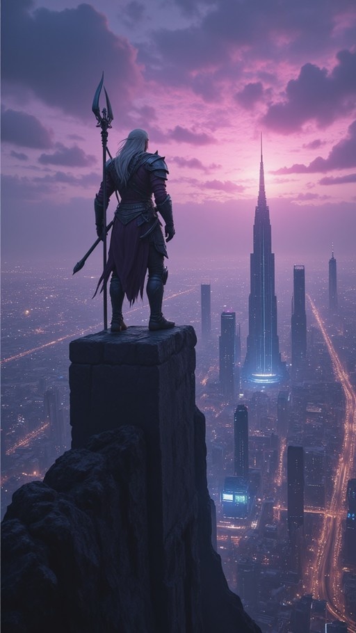 Armored fantasy warrior with white hair standing on a cliff edge overlooking a futuristic city skyline at sunset.