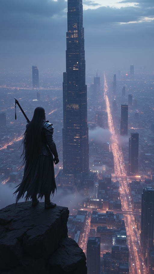 A long-haired armored warrior stands on a cliff edge overlooking a sprawling futuristic cityscape at night, with a tall skyscraper in the center and glowing streetlights below.