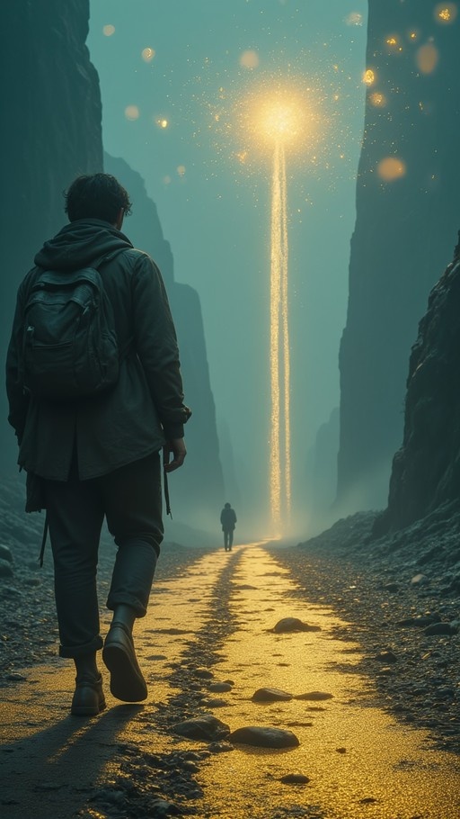 A digital illustration of a young man with a backpack walking along a rocky path toward a vertical beam of golden light in a misty canyon.