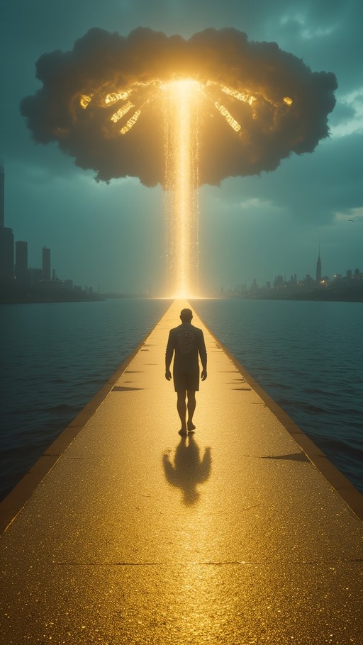 A silhouetted man walks down a long pier toward a giant explosion over the water, with the path glowing gold from the blast and city skylines in the background.