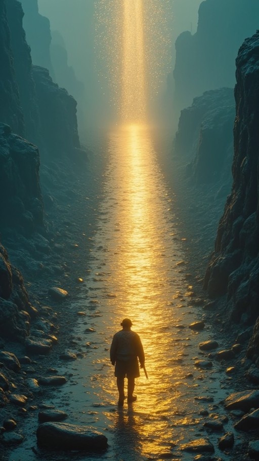 A lone male figure walks away from the viewer through a shallow stream in a narrow rocky canyon, heading toward a bright beam of golden sunlight shining down from above.