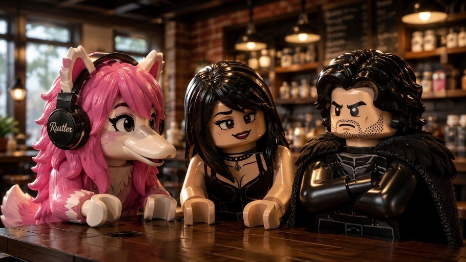 Three LEGO-style figures at a bar counter: a pink duck-furry wearing 'Rustler' headphones, a smiling woman in black, and a man in a fur cloak.