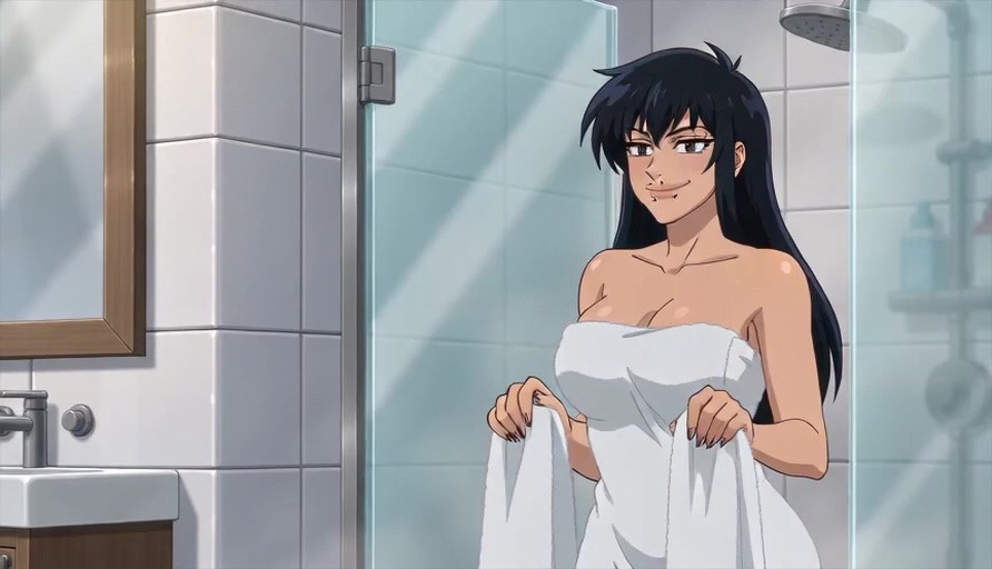A smiling girl with long black hair and brown eyes stands barefoot on a tiled floor in a bathroom. She holds a towel while water splashes near a shower head, and her reflection is visible in a mirror against the tile walls.
