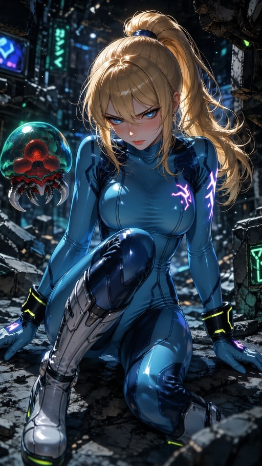 Samus Aran in a blue Zero Suit kneeling on rubble with a Metroid floating beside her.