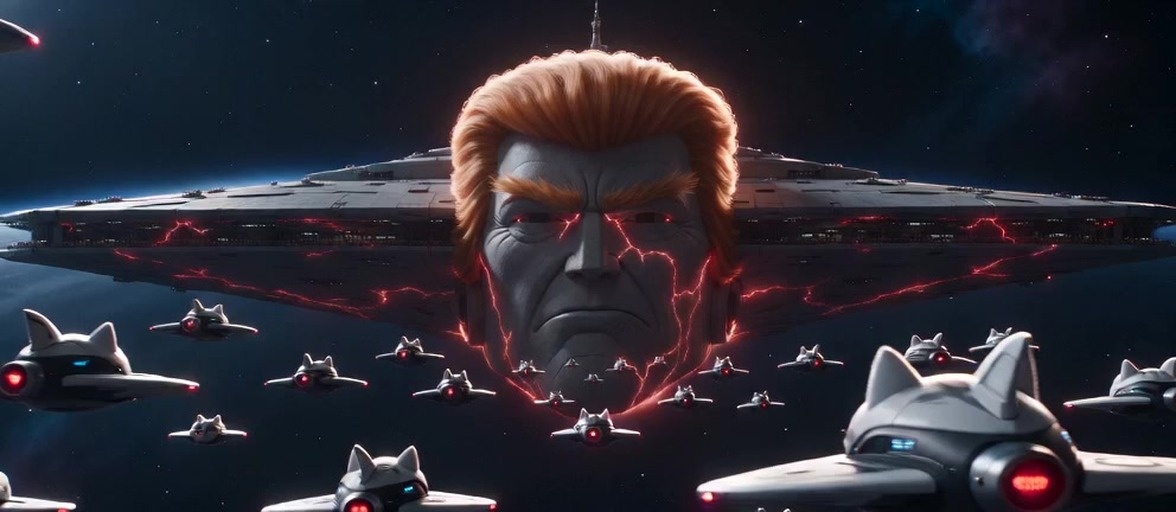 Animated cats flying through space with lasers and explosions in a science fiction setting.