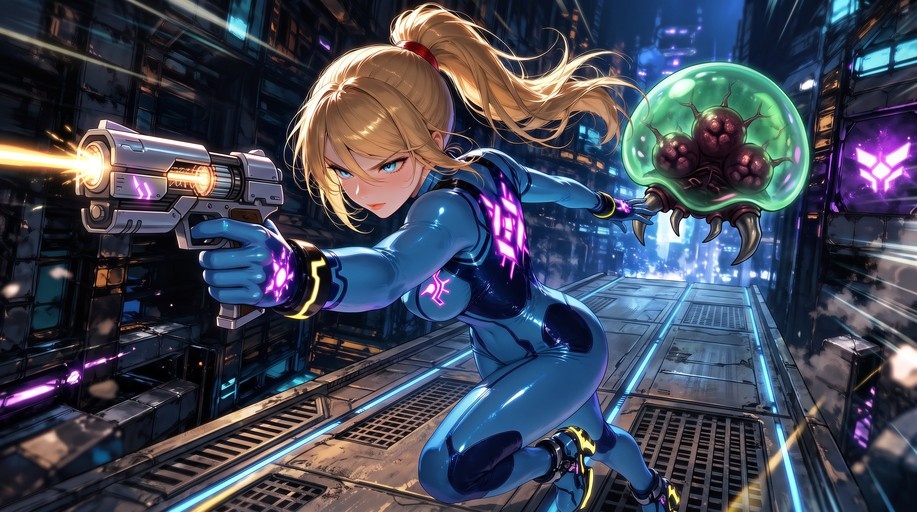 Samus Aran in a blue zero suit firing a gun at a floating green Metroid in a sci-fi setting
