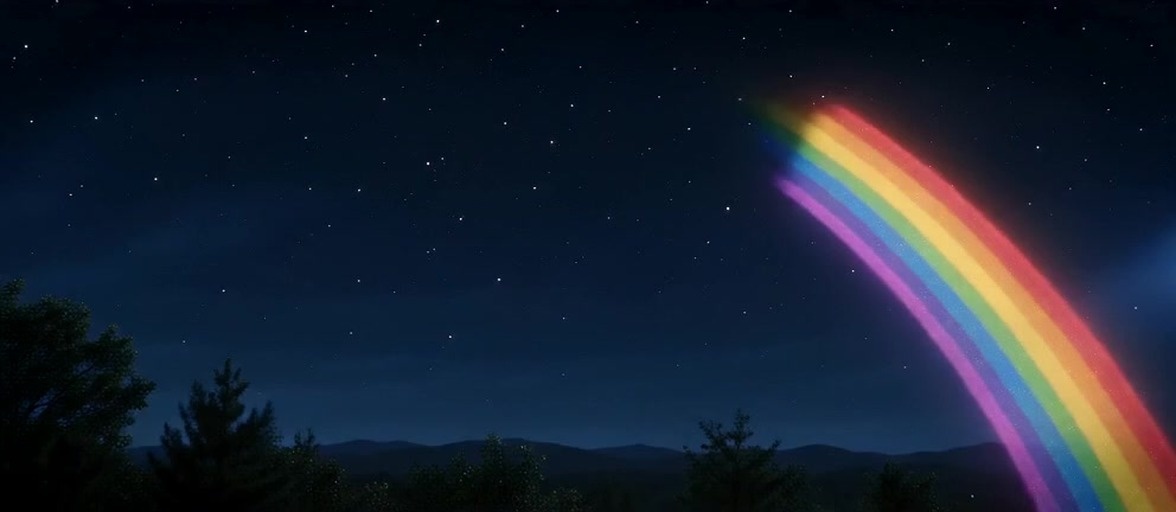 A starry night sky arches over a mountainous landscape with trees and distant city lights, featuring a subtle rainbow and a seated figure in a hat and plaid shirt gazing at the view.