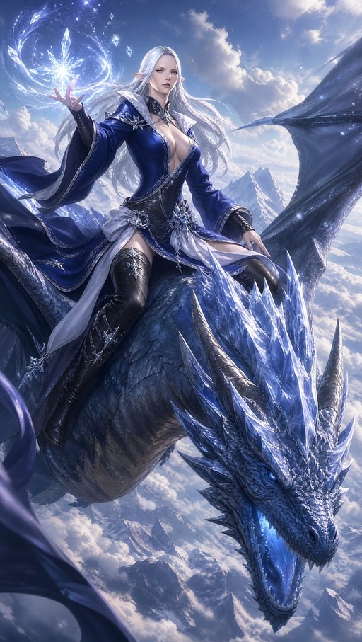 A white-haired elf woman in a blue dress rides a large blue dragon through the sky while casting an ice spell above snowy peaks.