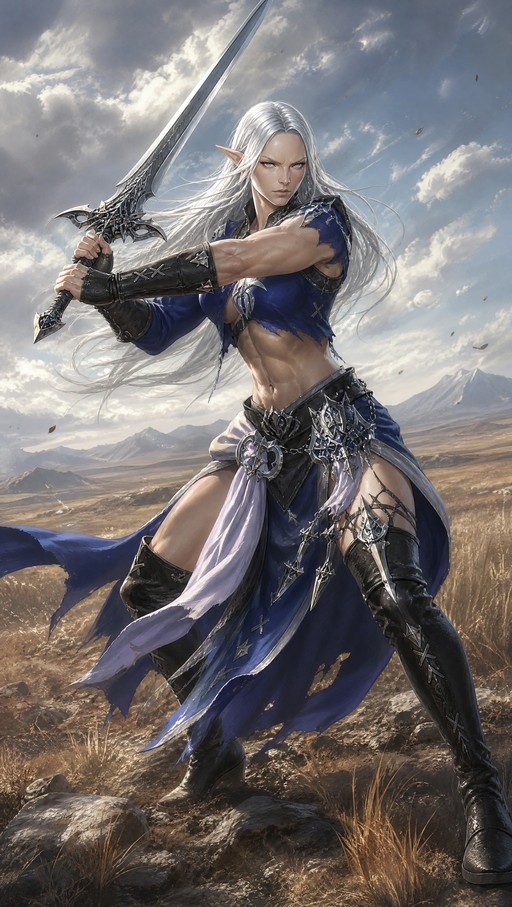 Ysayle, an elf with long white hair and pointed ears, stands in a mountainous landscape holding a large sword.