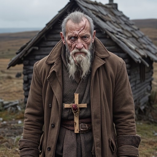 An elderly man with a white beard and a scar on his forehead stands in front of a wooden cabin, wearing a brown coat and holding a wooden cross with a red gem.