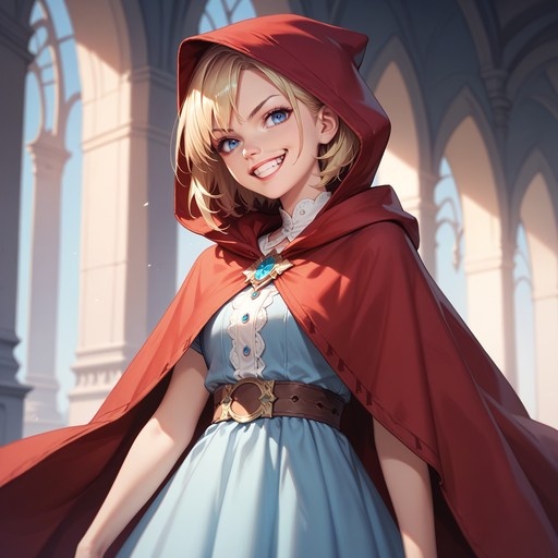 A smiling blonde anime girl with blue eyes wears a red hooded cape and a light blue dress in a sunlit arched hallway.