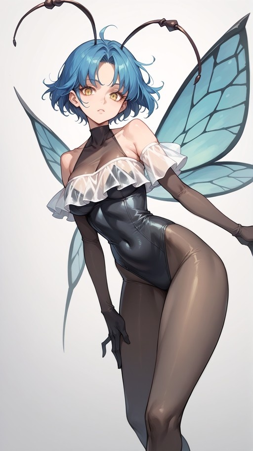Blue-haired anime girl with insect wings wearing a black leotard