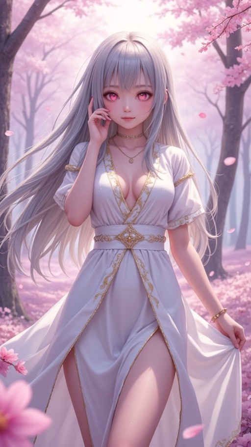 Anime-style illustration of a young woman with long silver hair and pink eyes, wearing a white dress with gold trim, standing among blooming cherry trees.