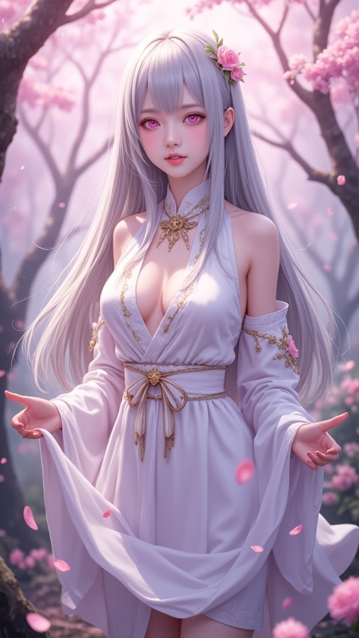 A young woman with long silver hair and pink eyes stands in a cherry blossom grove wearing a white halter dress with gold trim and detached sleeves while holding out her hands as pink petals fall around her.