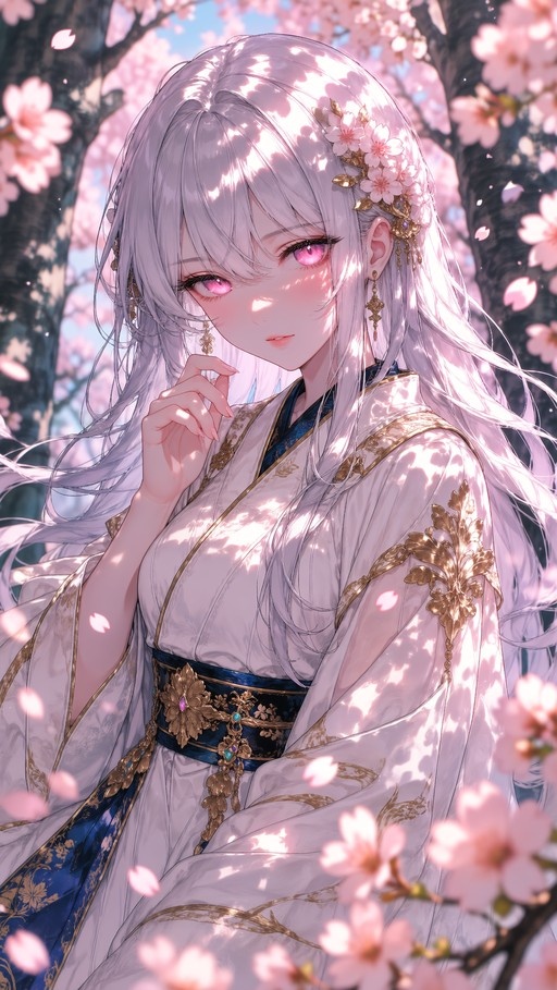 An anime-style illustration of a young woman with long white hair and pink eyes wearing an ornate white kimono under cherry blossom trees.