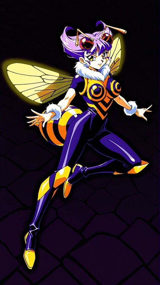 A full-body illustration of a smiling bee girl monster with purple hair and yellow eyes, wearing a purple bodysuit with orange stripes and white fur trim, floating with her large yellow wings spread against a dark honeycomb pattern.
