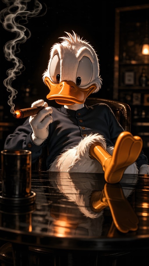 Donald Duck sitting with feet on a table smoking a cigar in a dark room