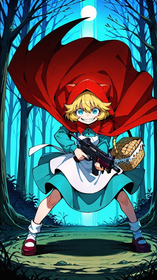 Anime-style Little Red Riding Hood with blonde hair and a red hooded cloak stands in a forest holding a submachine gun and a picnic basket under a full moon.