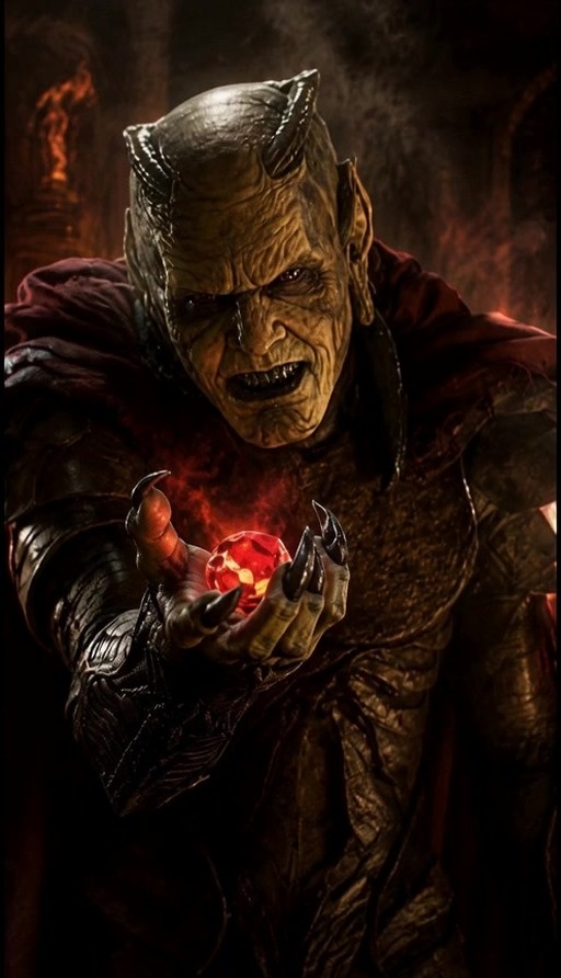 A bald horned male with red eyes and fangs wears armor and a red cape while smiling evilly and holding a red gemstone.