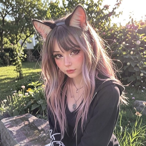 A young woman with long pink and dark hair wears fluffy cat ears and a black zip-up hoodie while standing in a sunlit garden. She has dramatic eye makeup, multiple necklaces, and looks directly at the camera.