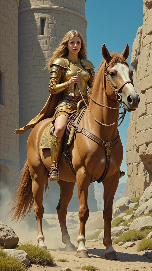 A blonde woman in golden armor and a brown cape rides a brown horse with a white blaze between stone towers.