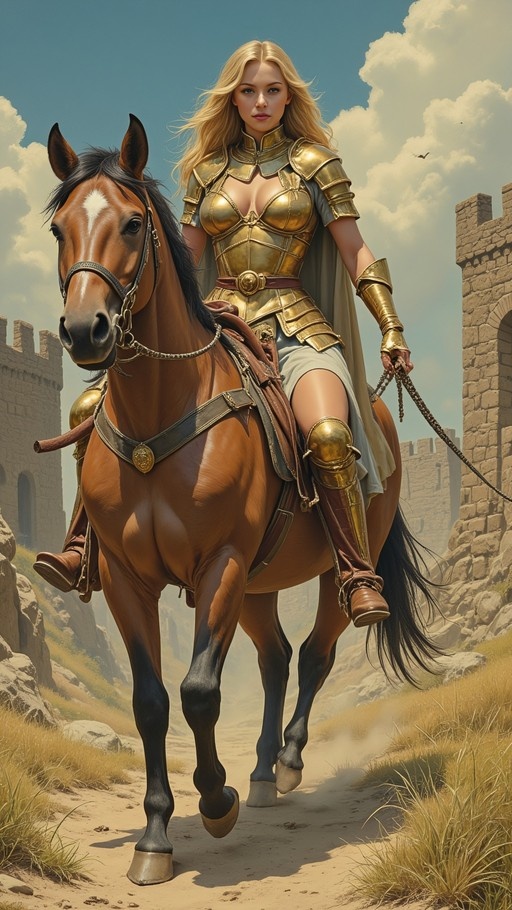 Blonde woman in gold armor riding a brown horse near stone castle walls